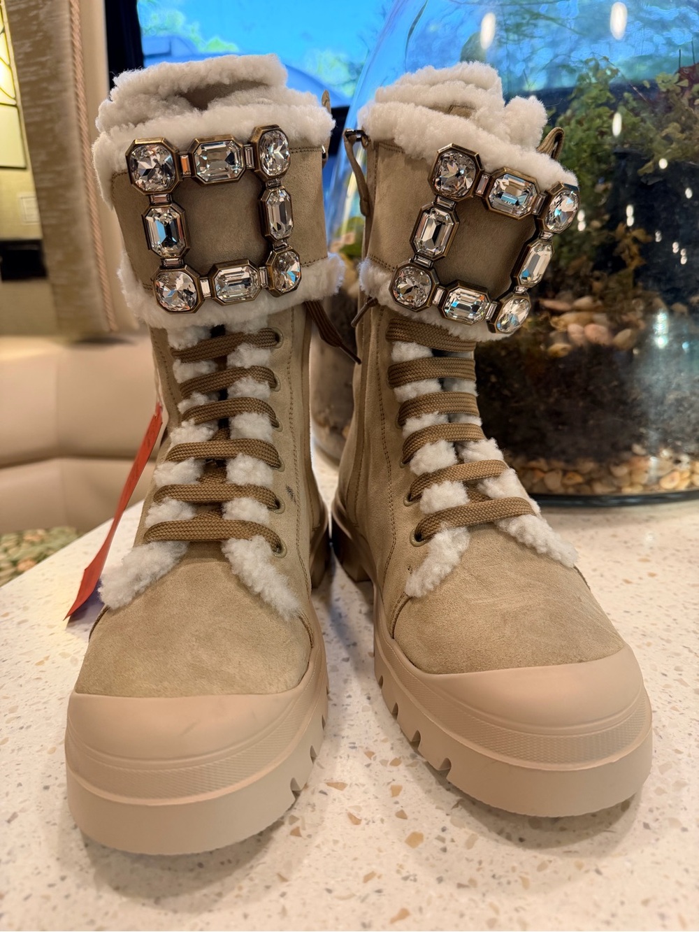 Roger Vivier Beige Crystal-Buckle Lace-Up Shearling Boots